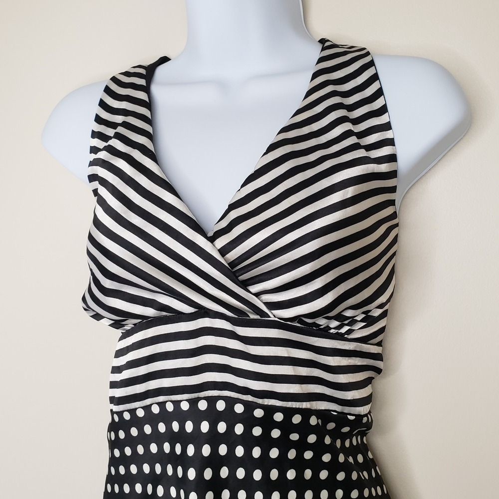 Vtg Preppy Y2K Babydoll Halter Dress Satin Polkadot Stripe Retro Graphic Sz M - Picture 3 of 16